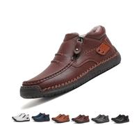 Men's Handmade Premium Leather Slip-On Driving Boots, Men’s Slip-On Orthopedic Leather Boots with Non-Slip Sole Side Zipper (Brown-Fleece Lining,EU48)