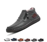 Men's Handmade Premium Leather Slip-On Driving Boots, Men’s Slip-On Orthopedic Leather Boots with Non-Slip Sole Side Zipper (Gray-Fleece Lining,EU48)