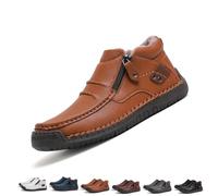 Men's Handmade Premium Leather Slip-On Driving Boots, Men’s Slip-On Orthopedic Leather Boots with Non-Slip Sole Side Zipper (Khaki-Fleece Lining,EU48)