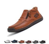 Men's Handmade Premium Leather Slip-On Driving Boots, Men’s Slip-On Orthopedic Leather Boots with Non-Slip Sole Side Zipper (Khaki,EU48)