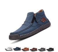Men's Handmade Premium Leather Slip-On Driving Boots, Men’s Slip-On Orthopedic Leather Boots with Non-Slip Sole Side Zipper (Navy,EU48)
