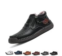 Men's Handmade Premium Leather Slip-On Driving Boots, Men’s Slip-On Orthopedic Leather Boots with Non-Slip Sole Side Zipper (Black-Fleece Lining,EU48)