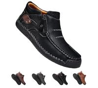 Men's Handmade Premium Leather Slip-On Driving Boots, The First Young Shoes Men Side Zipper Wide Toe, Arch Support & Non-Slip Sole (Black,11)