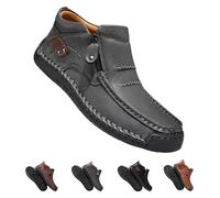 Men's Handmade Premium Leather Slip-On Driving Boots, The First Young Shoes Men Side Zipper Wide Toe, Arch Support & Non-Slip Sole (Gray,8)
