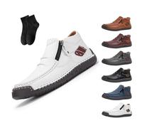 Men's Handmade Premium Leather Slip-On Driving Boots - Wide Toe, Arch Support,The First Young Boots Mens,Men's Side Zipper Orthopedic Shoes for Driving Hiking (White,39EU)