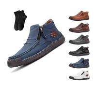 Men's Handmade Premium Leather Slip-On Driving Boots - Wide Toe, Arch Support,The First Young Boots Mens,Men's Side Zipper Orthopedic Shoes for Driving Hiking (Blue,49EU)