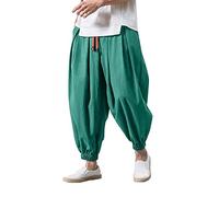 Mens Harem Pants Cotton Linen Trousers Solid Wide Leg Trouser Regular Fit Hippie Trousers Stylish Jogging Pant Lightweight Lounge Trouser Baggy Track Pants Elasticated Waist Drawstring Trousers Green