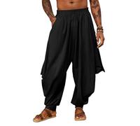 Mens Harem Pants Linen Yoga Beach Baggy Summer Boho Aladdin Genie Pants, Black, Medium