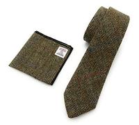 Mens Harris Tweed Green Herringbone Necktie Handkerchief Pocket Square Set
