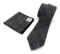 Mens Harris Tweed Grey Check Necktie Handkerchief Pocket Square Set