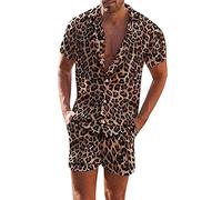 Men's Hawaii Leopard Print Tracksuit Short Sleeve Clothing Set T-Shirt Top Shorts Flowers Printed Casual Suit Fashion Floral Two Piece Jogging Suit Crew Neck Outfits, brown, L