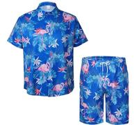 Mens Hawaiian Flamingo Shirt set, mens short sleeve set with shorts, Funky Flower Flamingo Beach shirts Casual Shirt for Men for Beach Tropical Holiday (Blue, L)