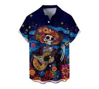 Men's Hawaiian Holiday Shirt, Gothic Skeleton Graphic Button Down Shirt for Halloween, Day of The Dead Music Theme Casual Long Sleeve Fashion Shirt,XL