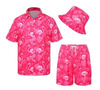 Men's Hawaiian Shirt and Shorts Set Casual Funky Beach Flamingo Shirt Set Beach Party Shirts Suits with Bucket Hat (Pink, S)