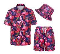 Men's Hawaiian Shirt and Shorts Set Casual Funky Beach Flamingo Shirt Set Beach Party Shirts Suits with Bucket Hat (Red, XL)