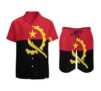 Men's Hawaiian Shirt and Shorts Set - Summer Outfits for Men Casual Funky Beach Shirts with Angola Flag Printing Holiday Button Aloha Short Sleeve Hawaiian Vacation Suits