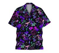 Men's Hawaiian Shirt, Black Purple Neon Graphic Design, Short Sleeve Collared Button Front, Casual Summer Top for Holiday Packing, Beach Parties and Summer Weekends, Printed Weekend Button