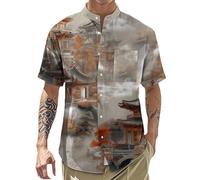 Mens Hawaiian Shirt | Chinese Style Landscape Print Button Down Shirt 5XL Pavilion and Garden Landscape Golden Sculpture
