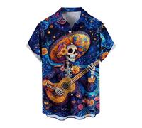 Men's Hawaiian Shirt for Halloween, Day of The Dead Skeleton Music Graphic Button Down Shirt, Gothic Casual Long Sleeve Fashion Shirt for Holiday Event,4XL