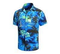 Men's Hawaiian Shirt Funky Blue Beach Printed Tropical Beach Shirt Casual Button Down Short Sleeve Floral Shirts Tops for Adult, Blue Beach, Large