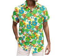 Men's Hawaiian Shirt, Green Bright Daisy Floral Print Design, Short Sleeve Collared Easy Pull on, Casual Summer Top for Family Photos, Theme Parties and Festival Outfits, Printed Weekend