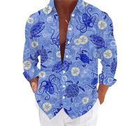 Men's Hawaiian Shirt- Ocean Animal Print Hawaiian Shirt- Sea Turtle and Octopus Pattern Shirt for Men- Tropical Beach Hawaiian Shirt for Summer- Blue Ocean Theme Men's Hawaiian Shirt