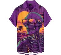 Men's Hawaiian Shirt, Octopus Beer Print, Short Sleeve, Button Down, Black, Novelty Space Theme, Skull-9, XL