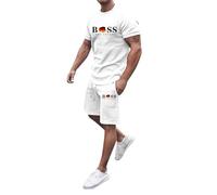 Men's Hawaiian Shirt Set Tropical Print Striped Button Down Hawaii Shirts and Shorts 2 Piece Outfits Track Suit Exercise Fitness Sportswear Sweatshirts (White,XXXXXL)