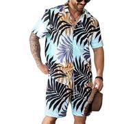 Men's Hawaiian Shirt Sets Tropical Plants Printed Casual Button Down Shirts 2 Piece Summer Beach Outfits