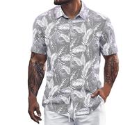 Mens Hawaiian Shirt Short Sleeve Button Down Casual Summer Tropical Beach Aloha Shirts Mens Palm Leave Shirts Regular Fit Hawaii Party A-Grey