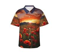 Men's Hawaiian Shirt Short Sleeve Button Down Shirts Red Poppy Flower Field in Sunset Beach Shirt Lightweight Blouses S