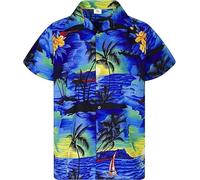 Mens Hawaiian Shirt Short Sleeve Casual Button Down Beach Party Summer Aloha Stag Hawaii Tee Holiday Palm Tree (UK, Alpha, L, Regular, Regular, Dark Blue)