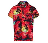 Mens Hawaiian Shirt Short Sleeve Casual Button Down Beach Party Summer Aloha Stag Hawaii Tee Holiday Palm Tree (UK, Alpha, L, Regular, Regular, Red)