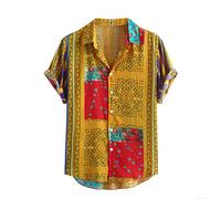 Men's Hawaiian Shirt Short Sleeves, Striped Lapel Shirt Men Printed Shirts for Men Summer Beach Shirts for Men Adult Short Sleeve Shirts Men Slim Fit Single-Breasted Shirt for Men Yellow