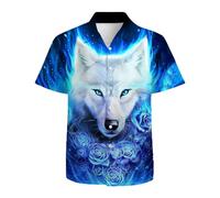 Mens Hawaiian Shirts 3D Graphic Button Down Short Sleeve Tropical Holiday Beach Aloha Shirt, Blue Fire Dragon, 3XL