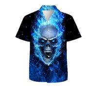 Mens Hawaiian Shirts 3D Graphic Button Down Short Sleeve Tropical Holiday Beach Aloha Shirt, Blue Flame Skull, 3XL