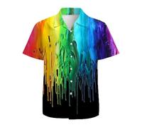 Mens Hawaiian Shirts 3D Graphic Button Down Short Sleeve Tropical Holiday Beach Aloha Shirt, Rainbow Paint Gay Pride, XXL