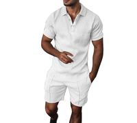 Mens Hawaiian Shirts and Shorts Set Casual Short Sleeve Polo Suit for Men 2 Piece Shorts Tracksuit Set Mens Cowboy Costume Outfit Mens Gold Suit Set(White,L)