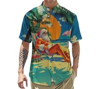 Men's Hawaiian Shirts,Christmas Santa Print Casual Vacation Shirts - Band Collar Summer Clothes Loose bask in The Sun 5XL