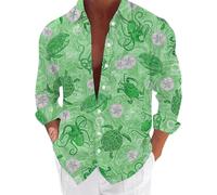 Mens Hawaiian Shirts Long Sleeve Funny Graphic Print Shirt Tropical Holiday Beach Shirts Summer Vacation Beach Shirts Regular Fit Button Down Long Sleeve Shirt Funky Hawaiian Fancy Dress Green