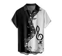 Mens Hawaiian Shirts Short Sleeve Button Down Collared Music Note Printed Stylish Tshirt Beach Summer Vacation Bowling Shirt Casual Lightweight Comfy Cotton Linen Tshirt T-Shirt Tees Black