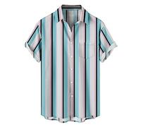 Men's Hawaiian Shirts Short Sleeve Casual Retro Button Down Vintage Bowling Shirts Vertical Stripe Patchwork Printed Beach Shirt Summer Regular Fit Top Shirts for Men 50s Rockabilly Style Shirts