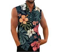 Men's Hawaiian Sleeveless Shirt Sale Clearance UK,Man Casual Tank Tops Turn-Down Collar Shirts Button Up Vests Summer Loose Fit Blouse Tropical Floral Printed Tanks Button Up Top Beach Basic Vest Tees