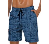 Men's Hawaiian Swimming Trunks with Mesh Lining and Pockets, Blue Square Fish, 3XL