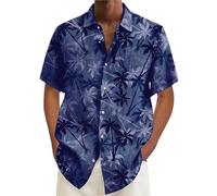 Mens Hawaiian T Shirt Coconut Tree Print T-Shirts Tropical Shirts with Pockets Summer Button Down Short Sleeve Tops Camisa De Hombre(Light Blue, S)