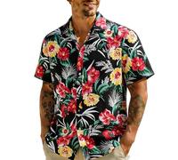 Mens Hawaiian T Shirt Coconut Tree Print T-Shirts Tropical Shirts with Pockets Summer Button Down Short Sleeve Tops Camisas De Vestir para Hombres Manga Corta(Z32-Black, XL)