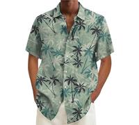 Mens Hawaiian T Shirt Coconut Tree Print T-Shirts Tropical Shirts with Pockets Summer Button Down Short Sleeve Tops Camisa Casual para Hombre(Mint Green, L)