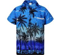 Mens Hawaiin Shirts Palm Tree Pattern Aloha Stag Do Party Fancy Dress Casual Summer Holiday Beach Shirt XS to XXL (UK, Alpha, L, Regular, Regular, Dark Blue)