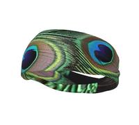 Men's Headbands Sport Sweatbands Moisture Wicking Wide Sweatband Stretchy Performance Headband Green Peacock Feather Wrist Bands Unisex Hairband Running Head Band for Men