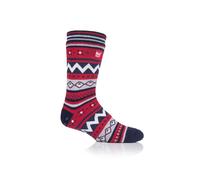 Heat Holders Mens Nordic Patterned Non Slip Thermal Slipper Socks with Grips - 6-11 UK - Navy & Red
